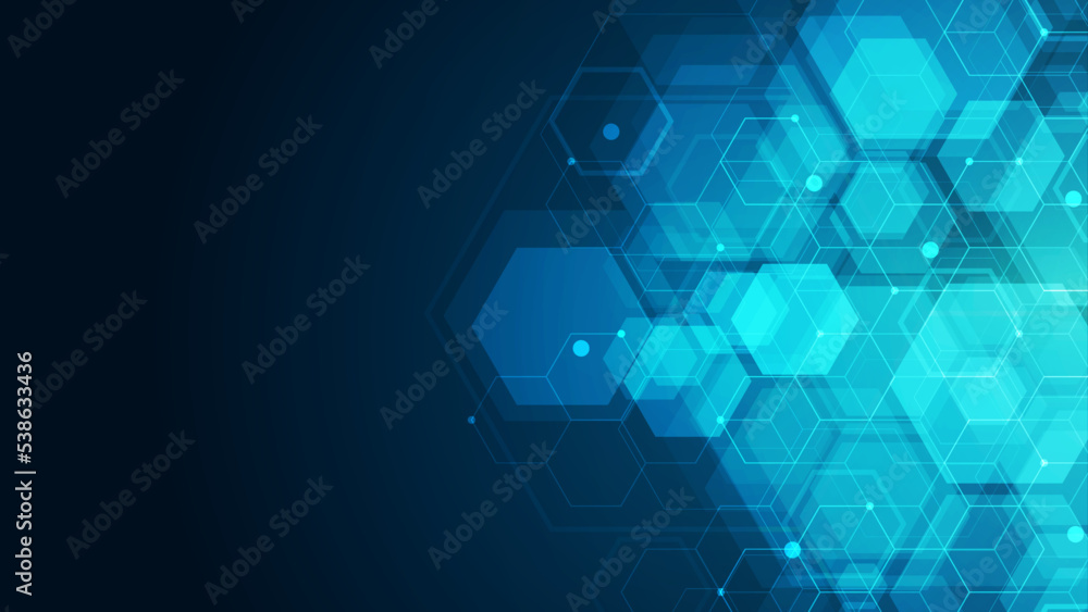 Hexagons pattern on blue background. Genetic research, molecular structure. Chemical engineering. Concept of innovation technology. Used for design healthcare, science and medicine background Hexagons pattern on blue background. Genetic research, molecular structure. Chemical engineering. Concept of innovation technology. Used for design healthcare, science and medicine background