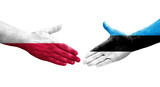 Handshake between Estonia and Poland flags painted on hands, isolated transparent image.
