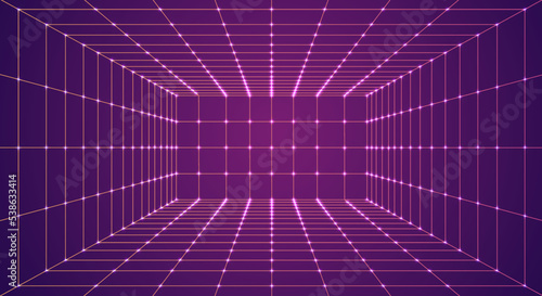 Futuristic 3D wireframe room. Perspective grid. Futuristic digital hallway space in virtual reality