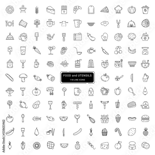 Food and utensils, 118 line vector icons