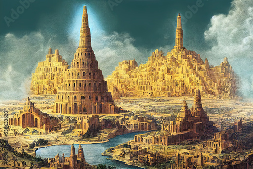 Fotografiet Ancient Babylon with Babel tower
