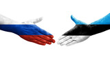 Handshake between Estonia and Russia flags painted on hands, isolated transparent image.
