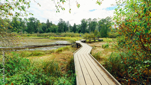 Boardwalk over Burrard Inlet wetlands on Shoreline Trail at Port Moody, BC, on a cloudy late summer day. photo