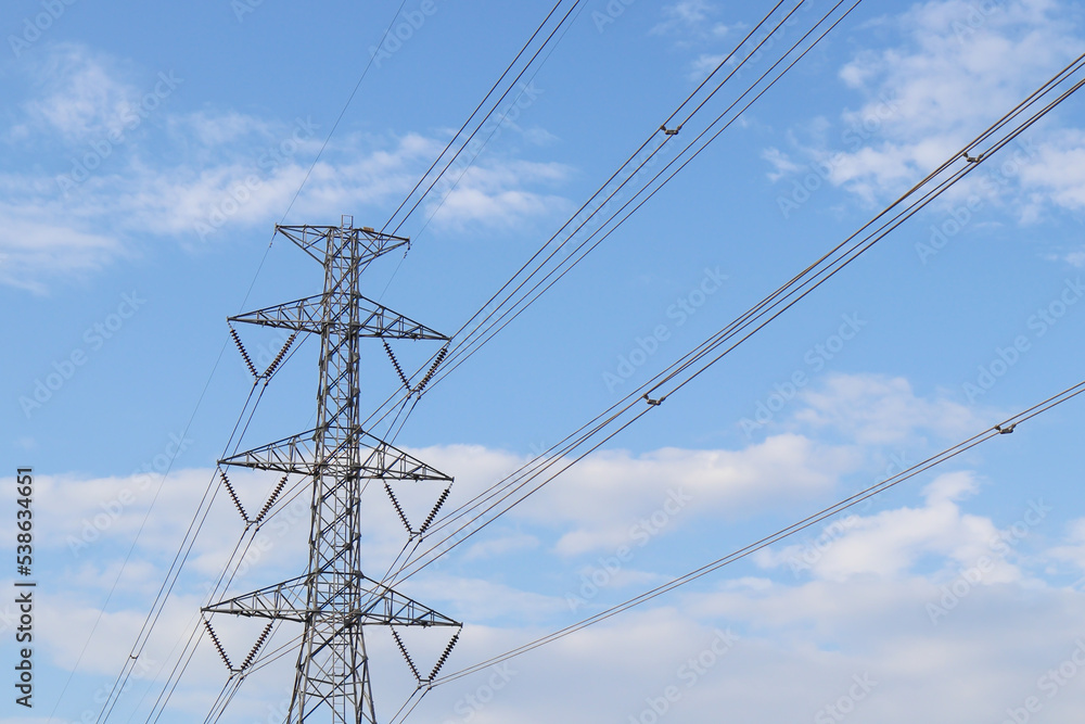 landscape of electric tower with blue sky background, copy space landscape of electric tower with blue sky background, copy space