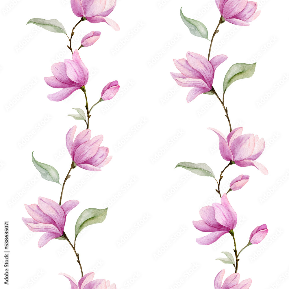 Magnolia seamless Pattern. Watercolor background with branches and pink Flowers. Hand drawn ornament for wedding invitations or greeting cards