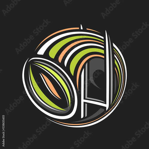 Vector logo for Rugby Sport, isolated modern emblem with abstract illustration of flying rugby ball over playground in goal, decorative line art sports badge for varsity rugby club on dark background photo