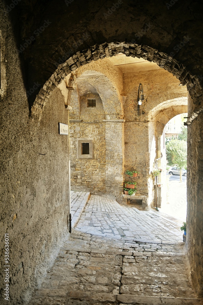 Obraz premium A narrow street between the old stone houses of Frosolone, a medieval village in the Molise region of Italy.