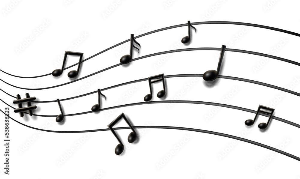 3d realistic vector background. Music notes wave background.