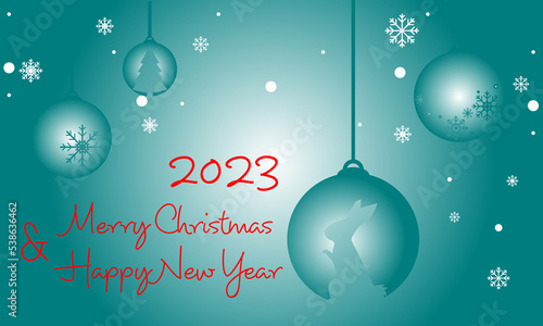 Illustration of 2023 Merry Christmas and Happy new year greeting card. Christmas balls with shape of rabbit  snow flex and Christmas tree. 