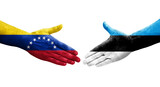 Handshake between Estonia and Venezuela flags painted on hands, isolated transparent image.
