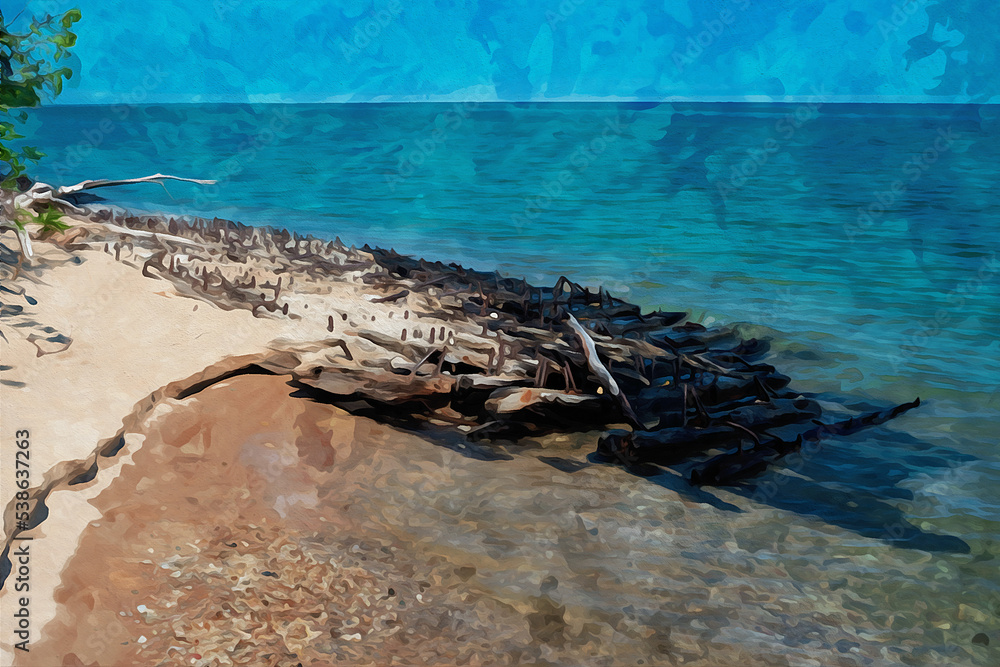 Digitally created watercolor painting of the remains of a old wood shipwreck on a Michigan beach