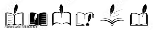Set of abstract books with feathers vector icons. Write a book with feather and ink. Logo for library. Vector 10 EPS.