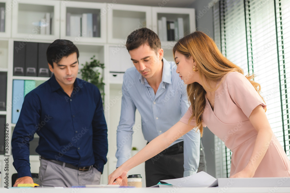 Fototapeta premium professional business marketing teamwork concept, group of businessman person startup team meeting and discussion a corporate strategy document paperwork, colleague brainstorming communication concept