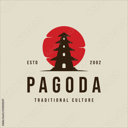 pagoda or temple logo vintage vector illustration template icon graphic design. asian culture sign or symbol for tourism travel with sun