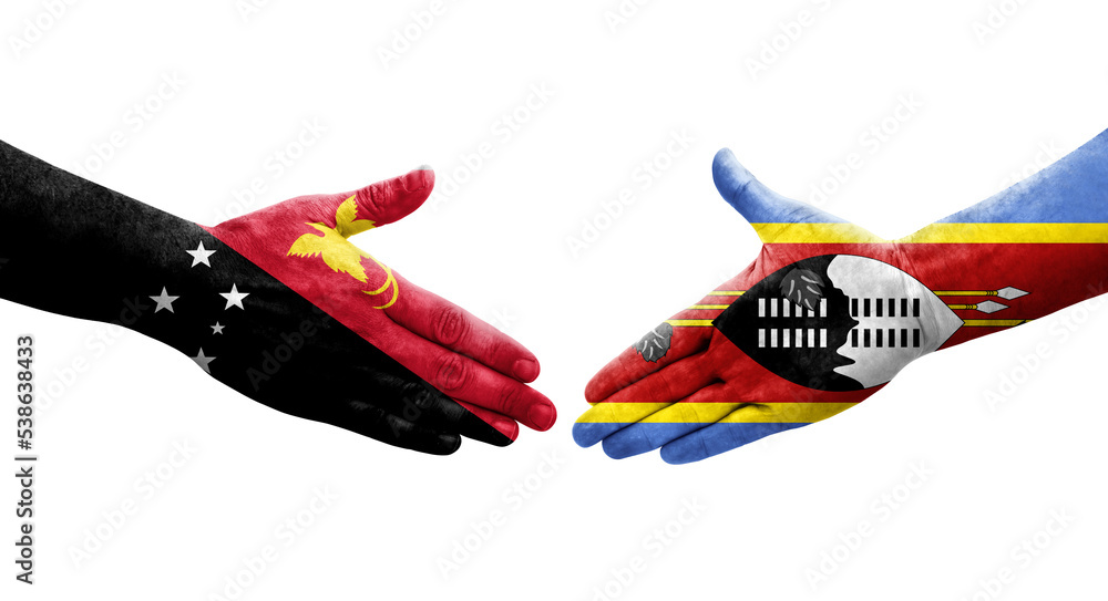 Handshake between Eswatini and Papua New Guinea flags painted on hands, isolated transparent image. Handshake between Eswatini and Papua New Guinea flags painted on hands, isolated transparent image.