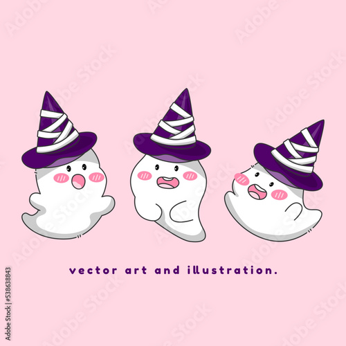 A little ghost wearing a witch's hat smiles cutely. Cartoon vector art and illustration. Version 2.