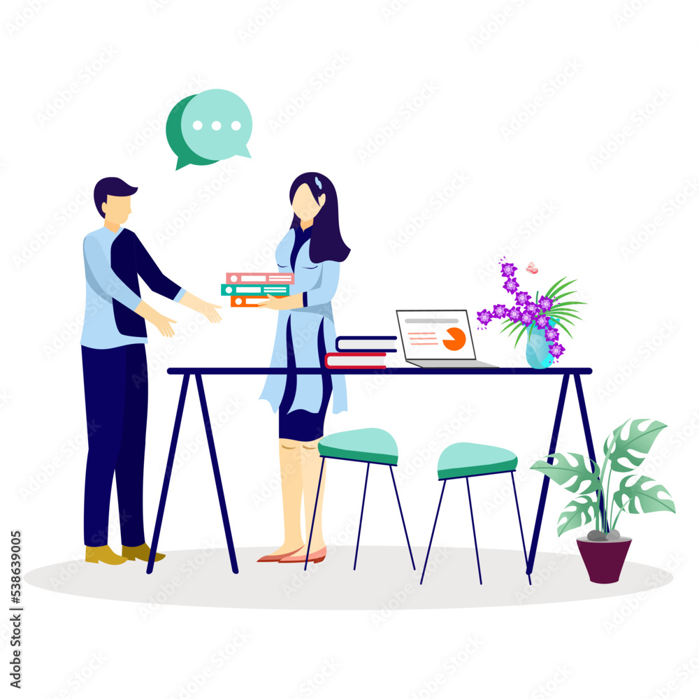 One pair of women and men are discussing in the room for archiving company data using laptop. working woman and man, working in office, talking casually. flat illustration design One pair of women and men are discussing in the room for archiving company data using laptop. working woman and man, working in office, talking casually. flat illustration design