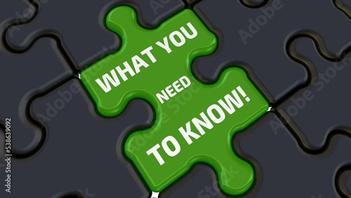 What you need to know. The text on the puzzle. Folded black puzzles elements and one red with white question mark is change to green with text WHAT YOU NEED TO KNOW. Footage video