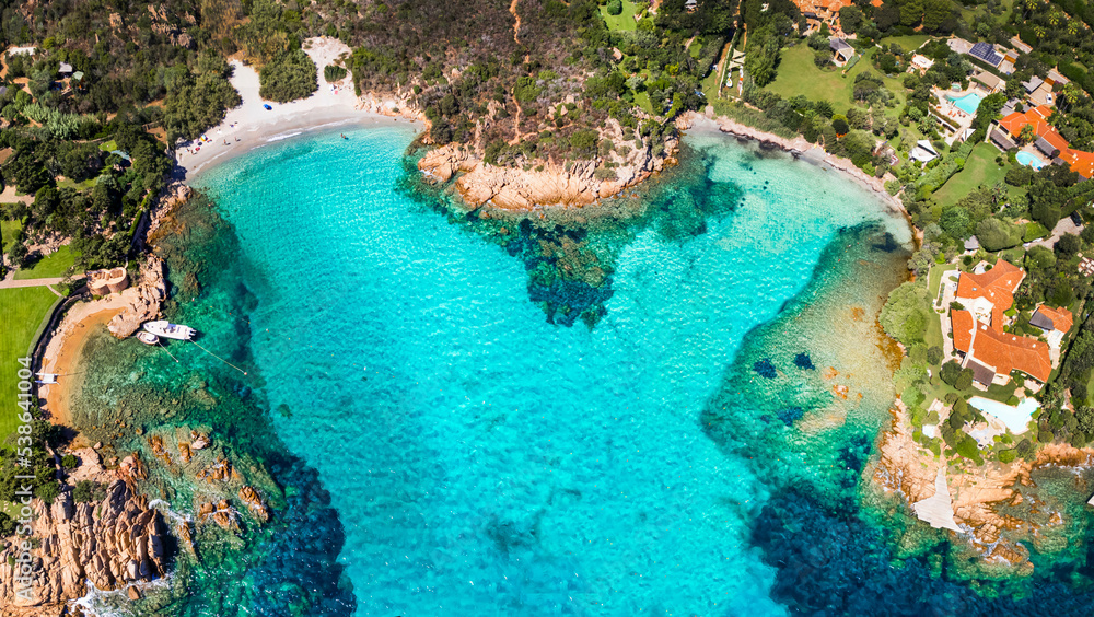 Italy summer holidyas . Sardegna island - stunning Emerald coast (Costa Smeralda) with  beautiful beaches. aerial view of small Romazzino beach