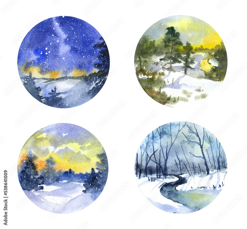 Watercolor winter landscape. Christmas postcard. Winter landscape illustartionon the white background