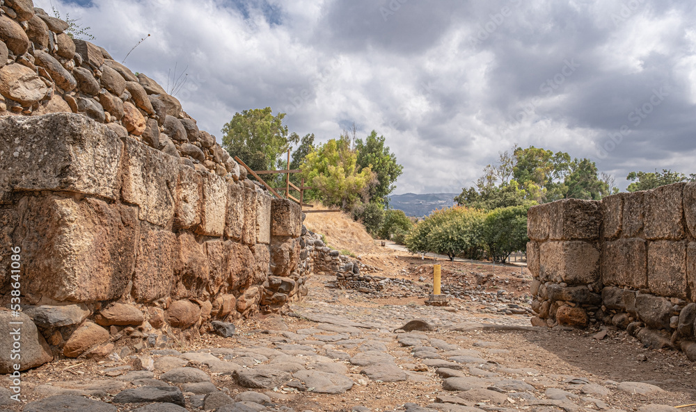 The [Israeli] Main Gate of the ancient Israeli town of Tel Dan [Laish], Dan Nature Reserve, Upper Galilee, Northern Israel, Israel
