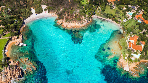 Italy summer holidyas . Sardegna island - stunning Emerald coast (Costa Smeralda) with beautiful beaches. aerial view of small Romazzino beach