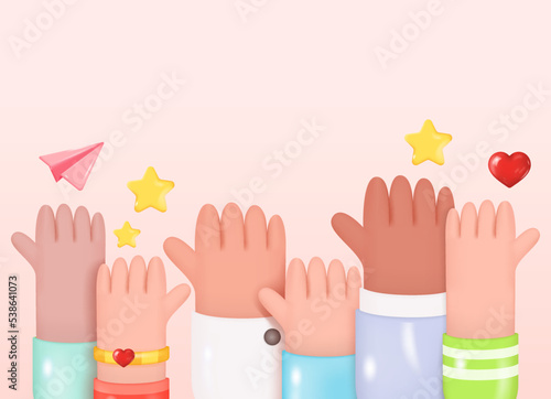 Raised Hands Poster. Voting, Teamwork, Collaboration, Volunteering Concept. 3D Vector illustration. People Vote Hands