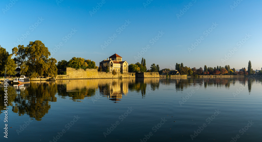 panorama landscape of Lake Oreg and the medieval Tata Castle in Hungary