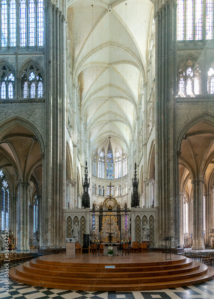 view of the main altar and transept in the central nave of the Amiens Cathedral