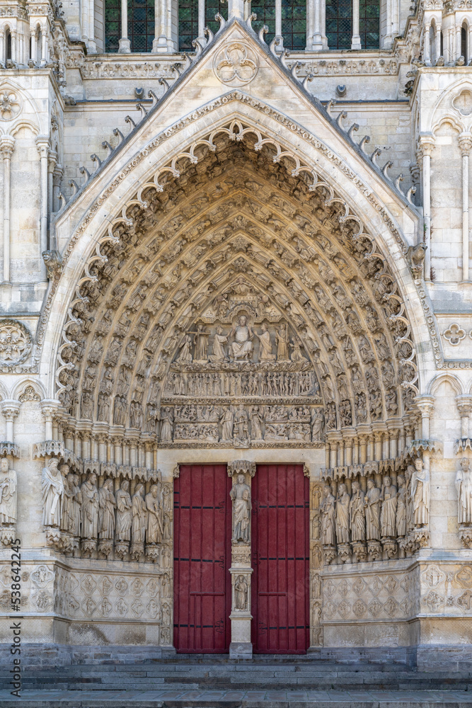 close-up view of the main door of the West Portal of the Amiens Cathedral