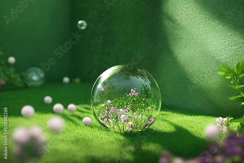 glass ball on a green sunny background. Save the environment, save a clean planet, ecology concept. 3D rendering, raster illustration.