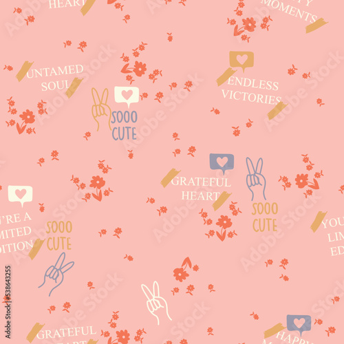 Cute thanksgiving christmas trendy ditsy conversational colorful positive letter and words seamless pattern print background for fashion, textile, tshirt, girls, kids 