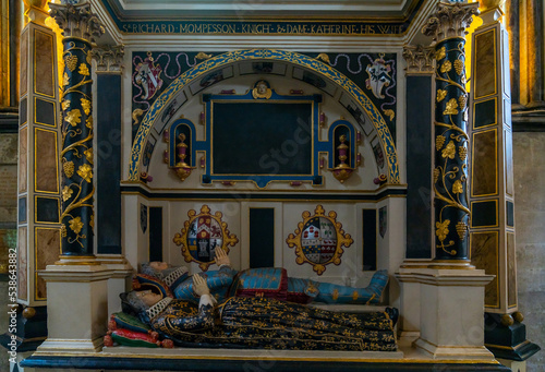 tomb with colorful statues of Sir Richard Mompesson and his wife in the side nave of the Salisbury Cathedral