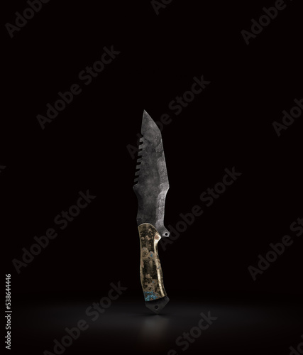 Fototapeta Naklejka Na Ścianę i Meble -  Medieval corroded steel dagger. Military and hunting knife. Fantasy game warrior weapon. 3d rendering