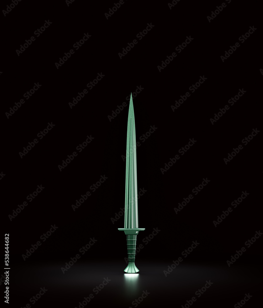 Fototapeta premium Green shiny knife, combat weapon blade, military and hunting dagger. Medieval weapon, 3d rendering