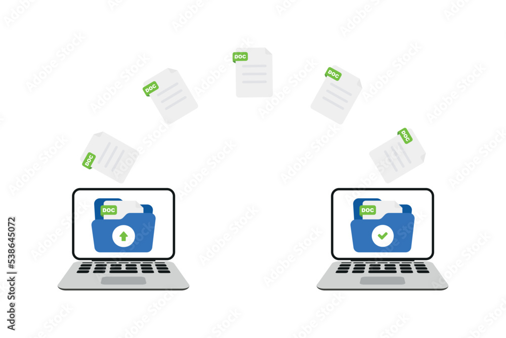 File transfer. Two laptops with folders on screen and transferred documents. Copy files, data exchange, backup, file sharing concepts. Upload document. Flat style. Vector illustration File transfer. Two laptops with folders on screen and transferred documents. Copy files, data exchange, backup, file sharing concepts. Upload document. Flat style. Vector illustration