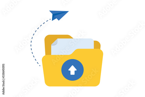 Upload document. File transfer concept, backup data, document save on storage, technology cloud, upload and download. File transfer. Flat style. Vector illustration