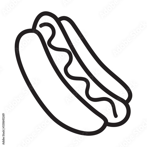 Hot dog line icon.Hand drawn doodle.Fast food .Black outlined symbol of a burger.Isolated on white background.