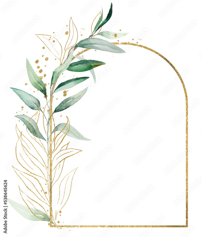 Naklejka premium Geometric golden frame made of green watercolor leaves, wedding illustration with copy space