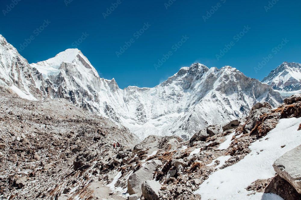 Epic Khumbu Glacier on the way to Everest Base Camp in Himalaya mountains. EBS Trekking Route.