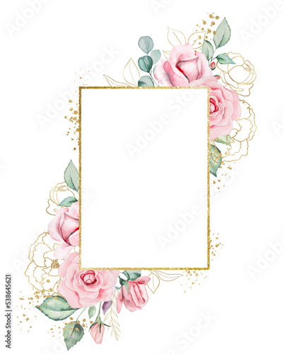 Golden frame made of pink watercolor roses flowers and green leaves, wedding and greeting illustration