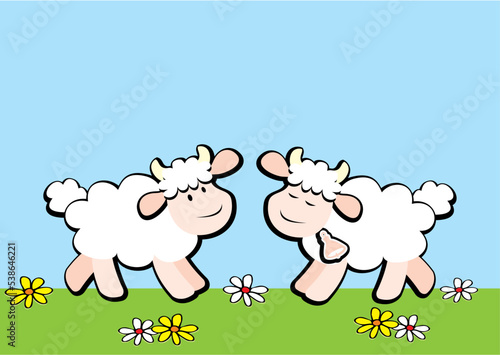 sheep, lamb and ewes, vector illustration ona blue and green background, conceptual design