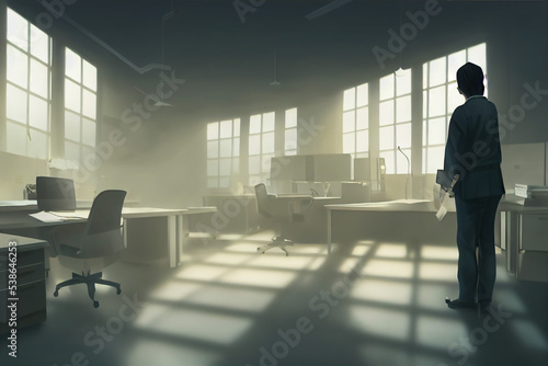Eine Person steht in einem sonst leeren Büro und sucht anscheinend jemanden
