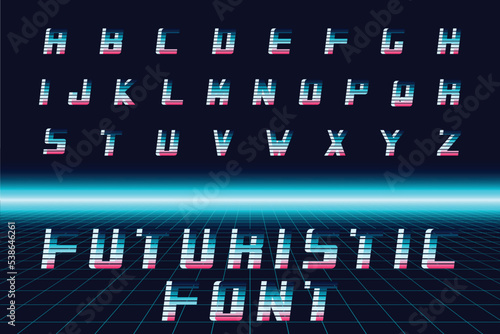 Futuristic creative font - fashion retro style 80-90s. Trendy vector english alphabet. Striped latin letters