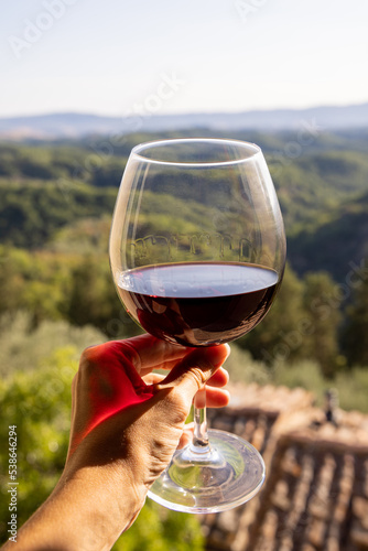 Woman holding a glass of red wine with beautiful landscape of Italy in a background on a sunny day. View from the window.