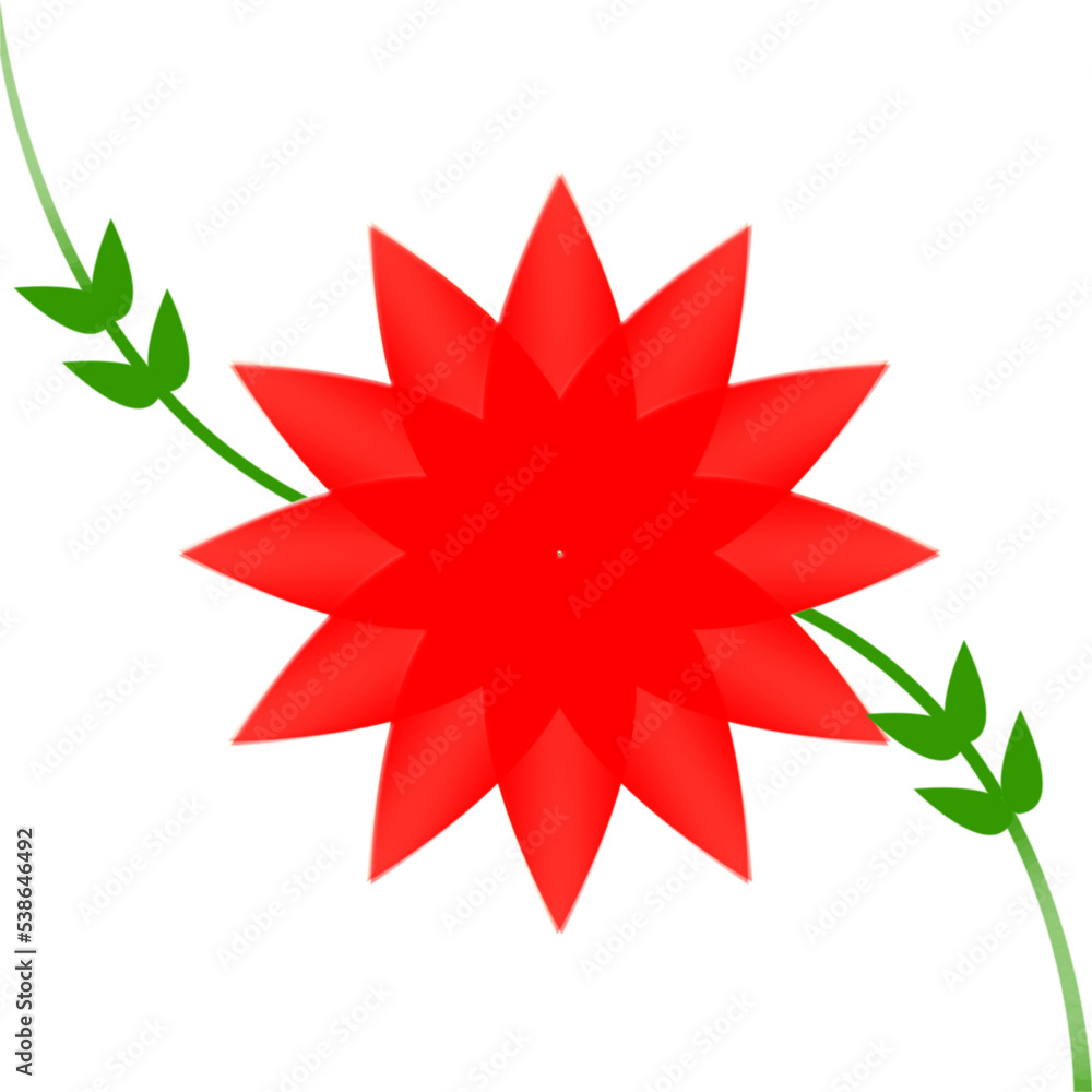 closeup the red flower with vine and green leaves art on the white background. closeup the red flower with vine and green leaves art on the white background.