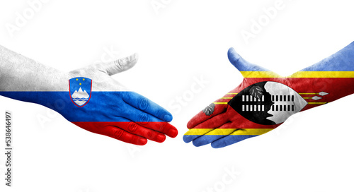 Handshake between Eswatini and Slovenia flags painted on hands, isolated transparent image.