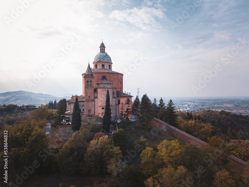 Italy, October 2022- aerial view of the Sanctuary of the Blessed Virgin of San Luca on the hill of Bologna photo