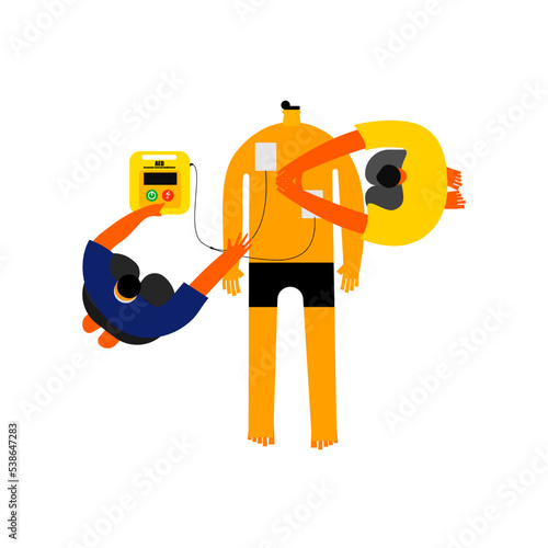 illustration of basic life support in out of hospital cardiac arrest. Cartoon character of procedure for CPR with AED by one person.