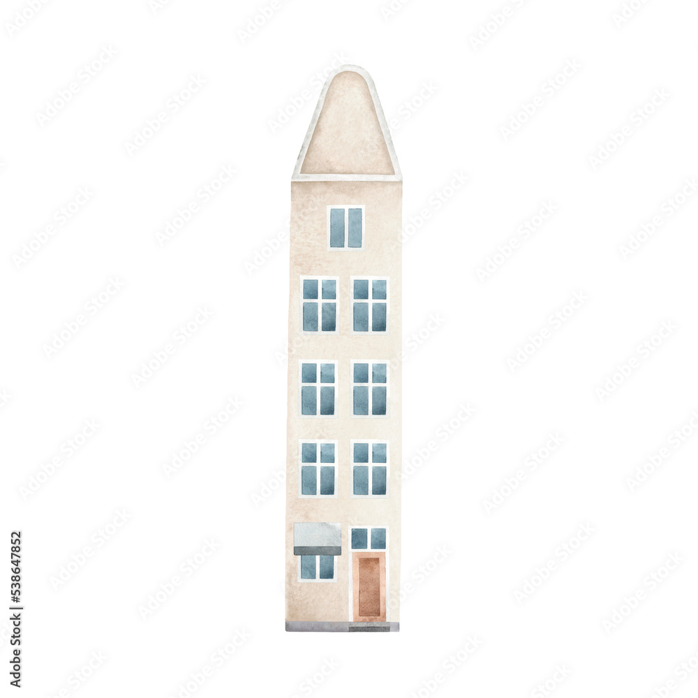 Watercolor hand drawn illustration of old town beige block house. Isolated buildings on white background. Watercolor hand drawn illustration of old town beige block house. Isolated buildings on white background.